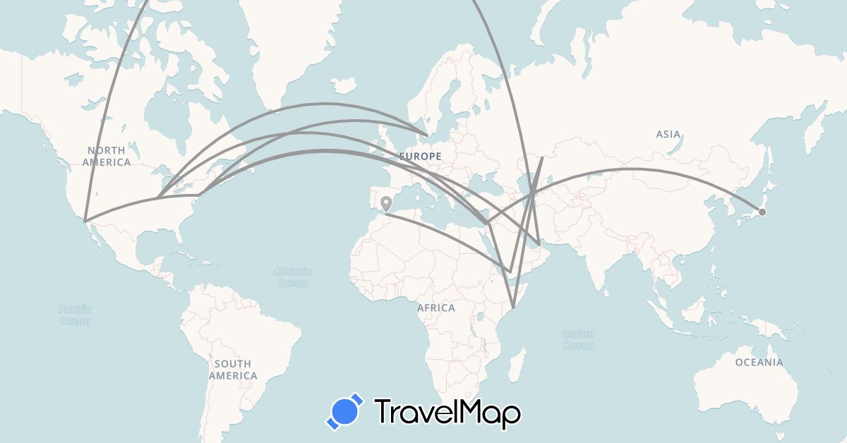 TravelMap itinerary: driving, plane in United Arab Emirates, Denmark, France, United Kingdom, Israel, Jordan, Japan, Kazakhstan, Morocco, Somalia, United States, Yemen (Africa, Asia, Europe, North America)